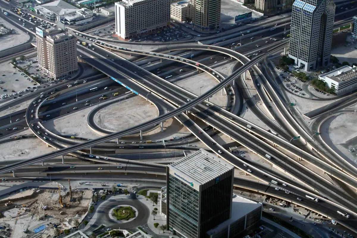 Aerial view of a multi-level highway interchange
